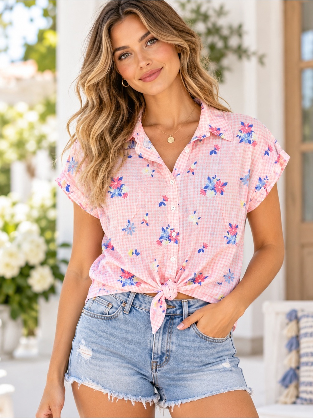 Allison Daley Pink Gingham Floral Tie-Front Blouse